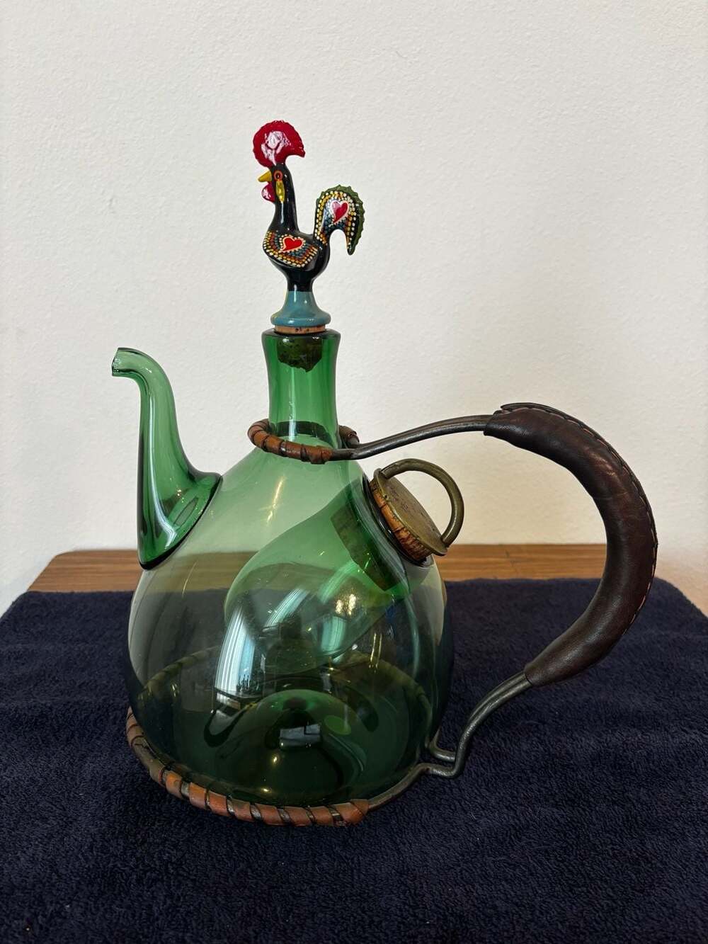 Vintage Hand Blown Glass Wine Decanter w/ Iron, Leather Wrap & Rooster Topper